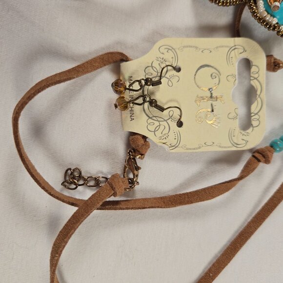 Handcrafted Leather Beaded Necklace With Turquoise Yellow Floral Pendant Tassel - Picture 6 of 8